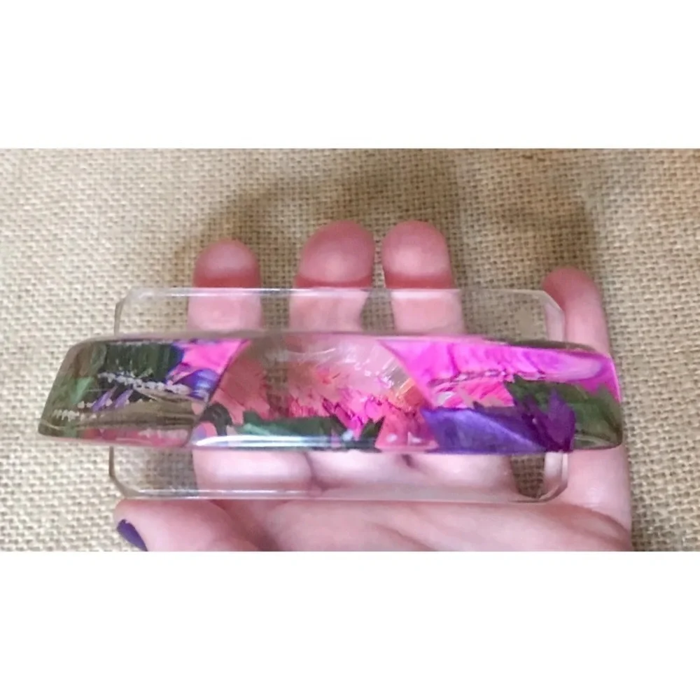 Vintage Floral Hummingbird Lucite Acrylic Paperweight Reverse Carving Fairy Core